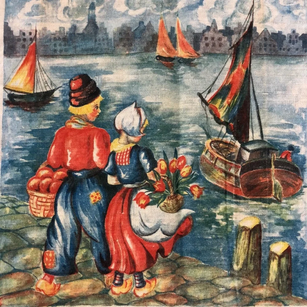 Vintage Linen Tea Towel / Dutch pattern